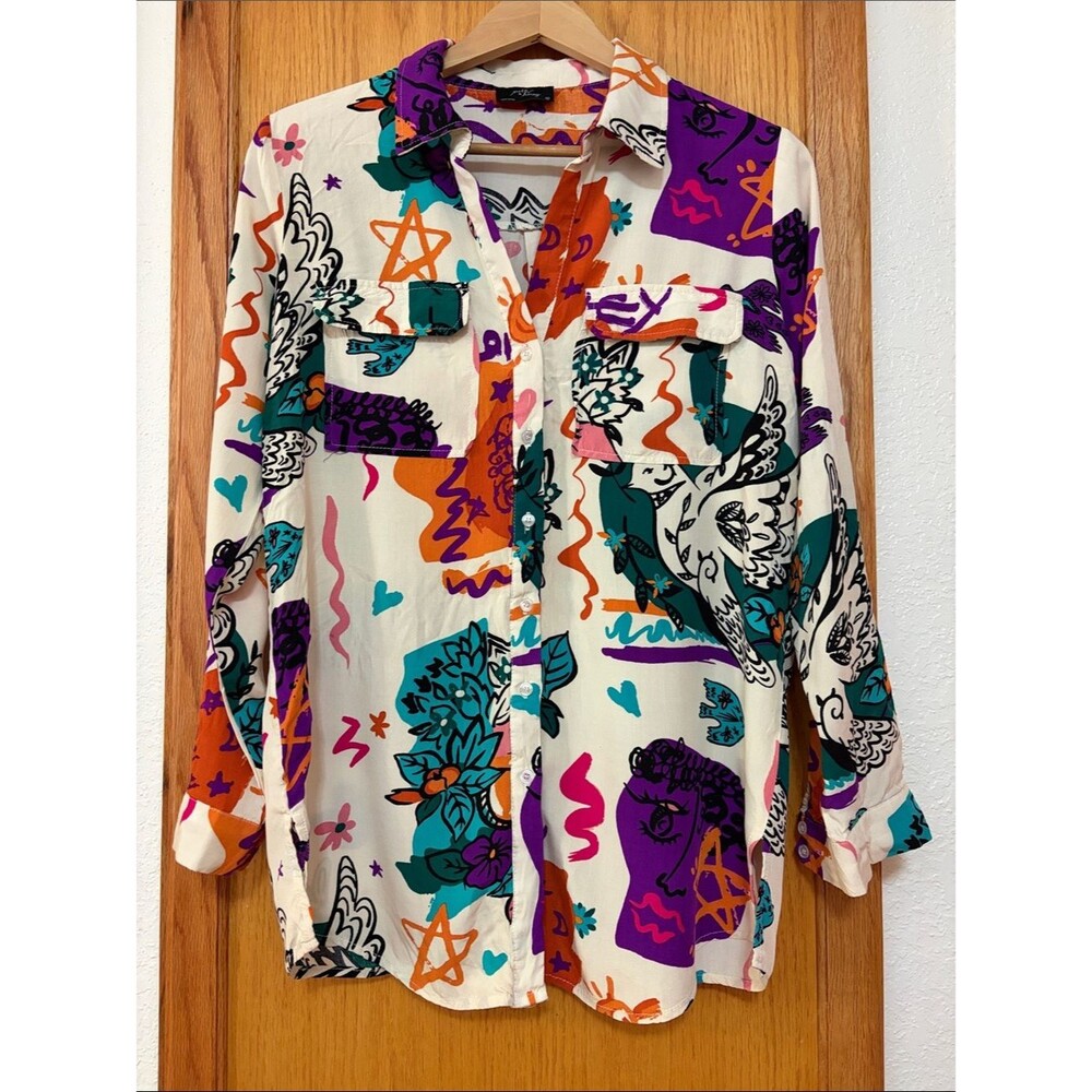 Milk & Honey Cream Button-Up Shirt with Bold Teal, Purple & Orange Print Artsy